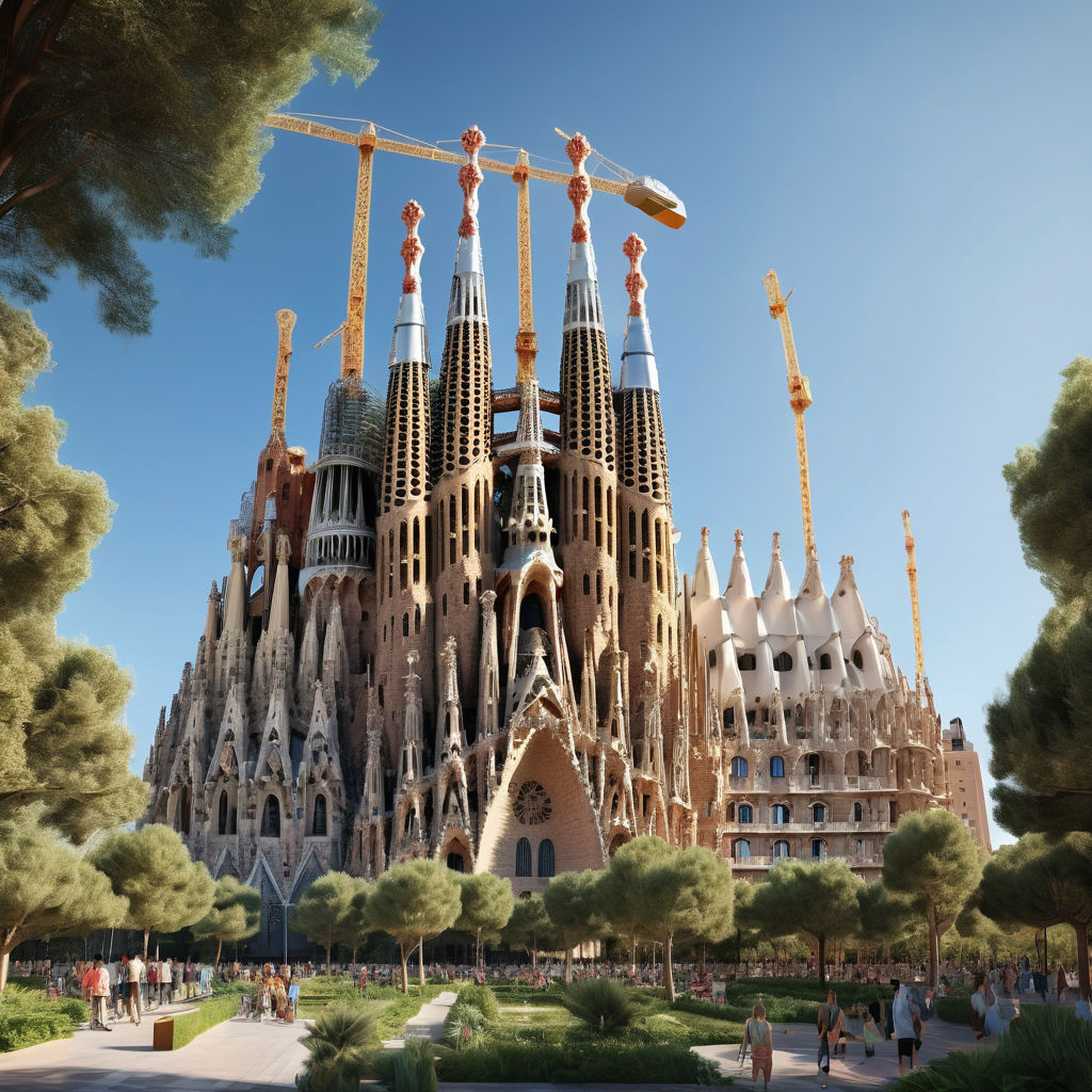 Spain featuring the Sagrada Familia. The image should show the iconic basilica with its towering spires and intricate facade, set against a clear blue sky. Include some tourists and surrounding greenery to capture the grandeur and cultural significance of this landmark.