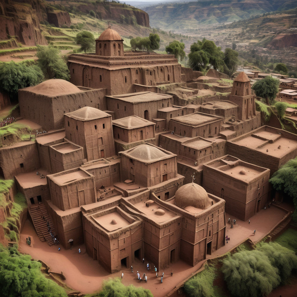 Ethiopia featuring the Rock-Hewn Churches of Lalibela. The image should show the iconic monolithic churches carved out of solid rock, with their intricate designs and surrounding landscape. Include some people in traditional Ethiopian attire to capture the cultural and historical significance of this landmark.