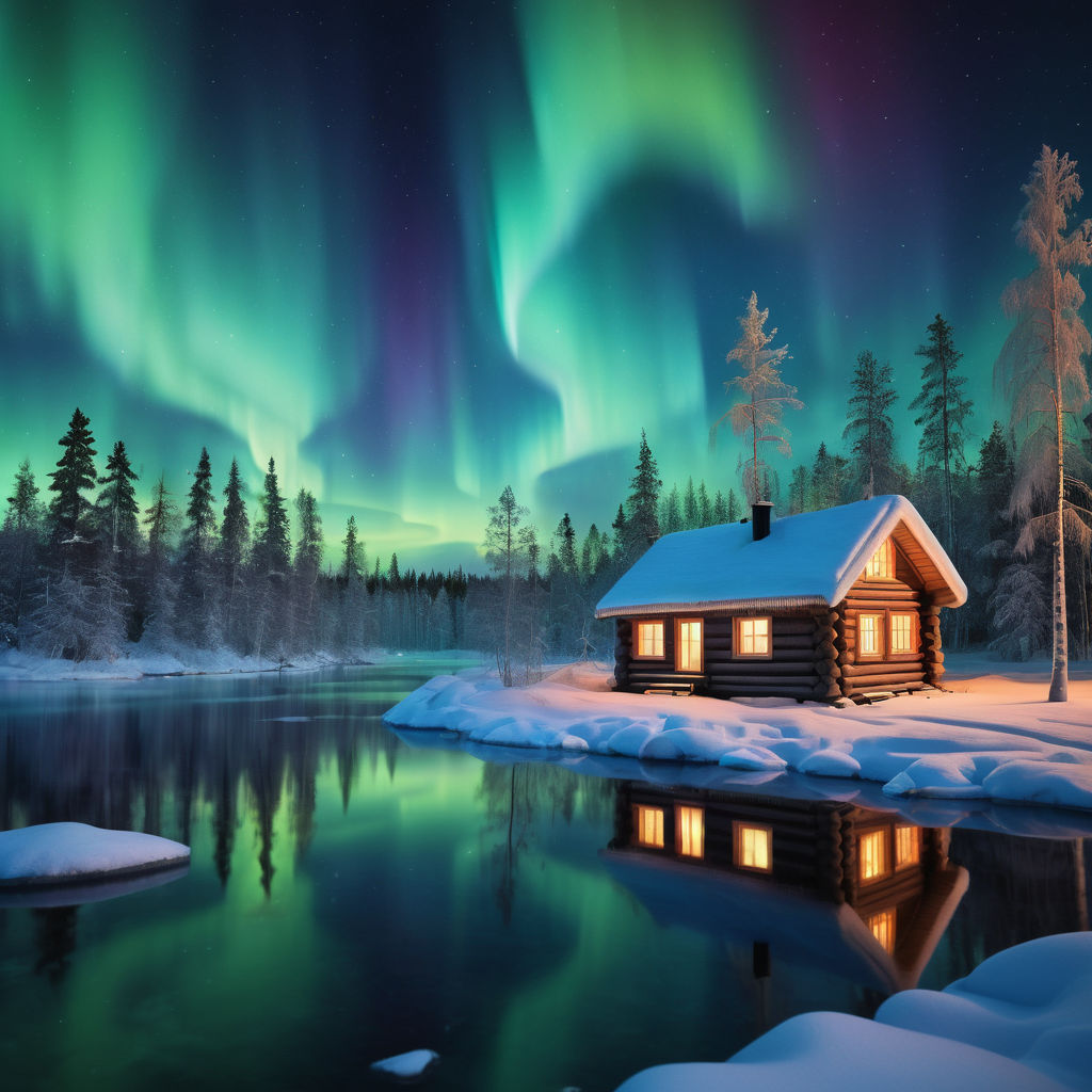 Finland showcasing the iconic Northern Lights over a serene winter landscape. Include snow-covered pine forests, a cozy log cabin with smoke coming from the chimney, and a frozen lake reflecting the vivid colors of the aurora borealis in the night sky.