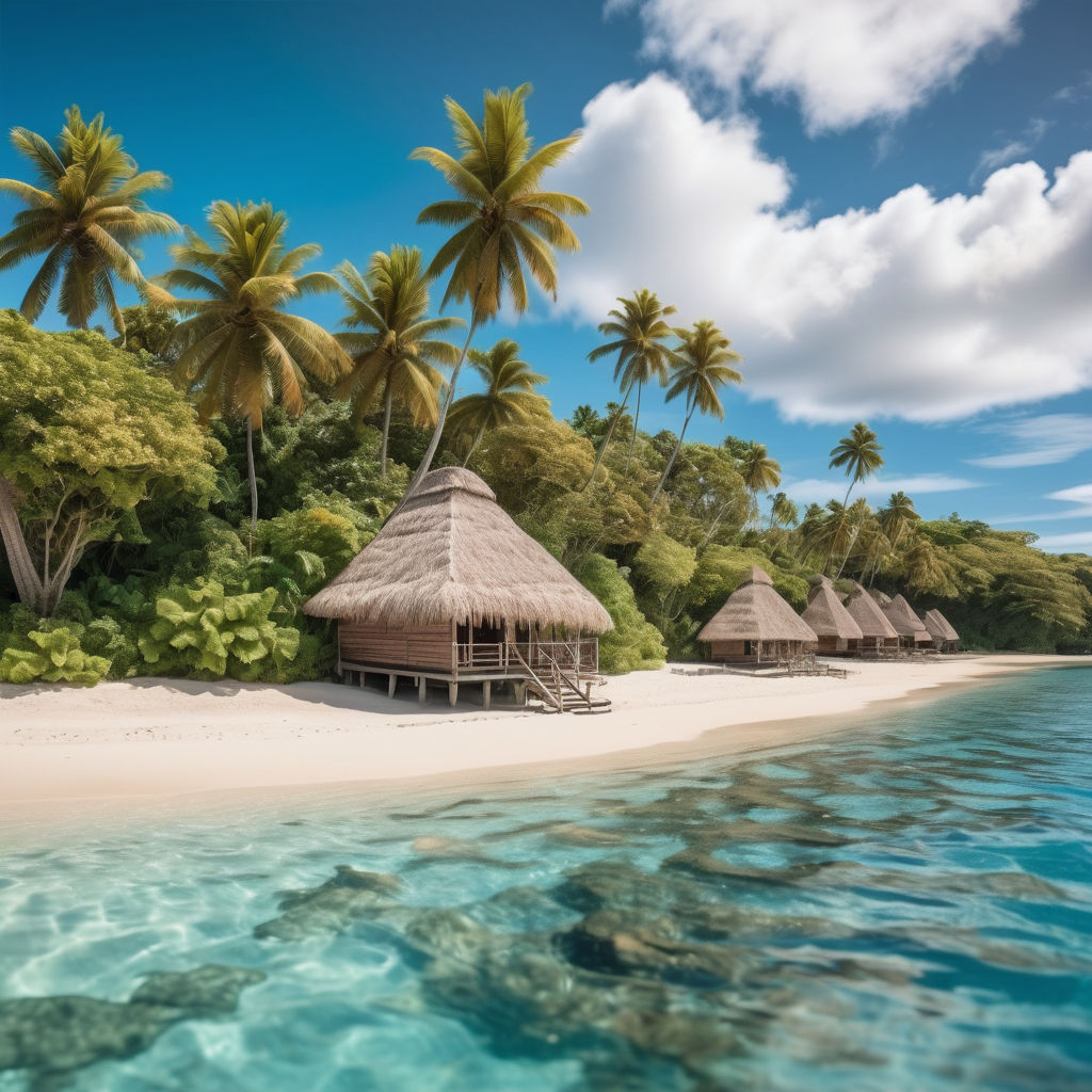 Fiji featuring the stunning Coral Coast. Capture the pristine white sandy beach, crystal-clear turquoise waters, and vibrant coral reefs. Include some traditional thatched bures (huts) and swaying palm trees to highlight the tropical paradise and natural beauty of this iconic location.