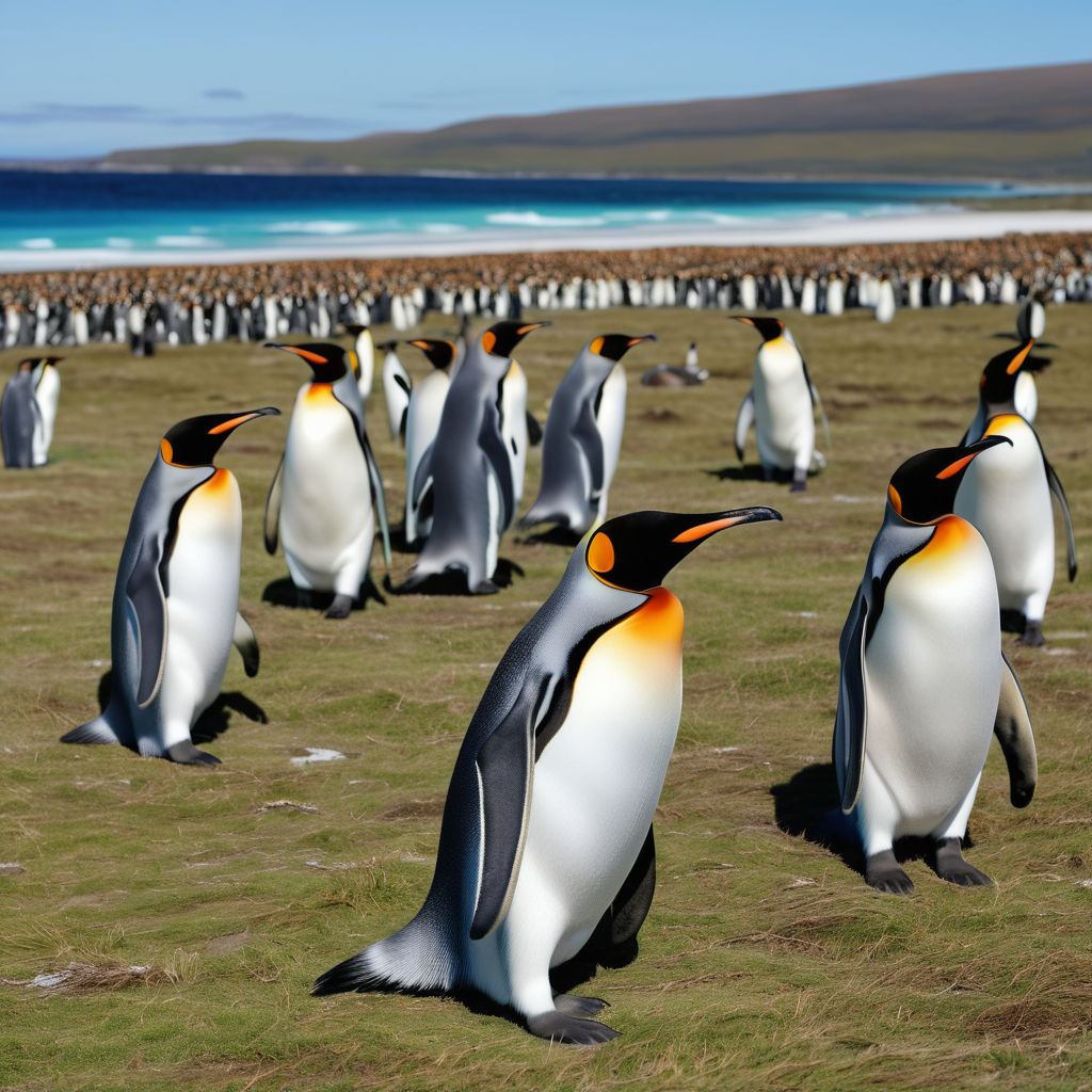 the Falkland Islands featuring the stunning Volunteer Point. Capture the pristine white sandy beach with its clear blue waters and the large colony of king penguins. Include the surrounding grassy landscape and a clear blue sky to highlight the natural beauty and unique wildlife of this location.