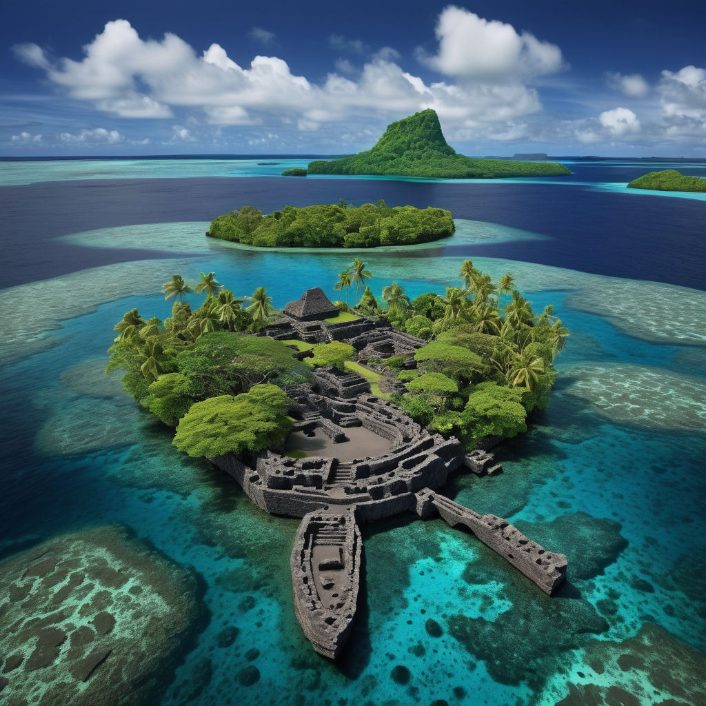 Micronesia featuring the ancient ruins of Nan Madol. Capture the impressive basalt stone structures and canals, surrounded by lush green vegetation and clear blue waters. Include the backdrop of the tropical island scenery to highlight the historical significance and natural beauty of this landmark.