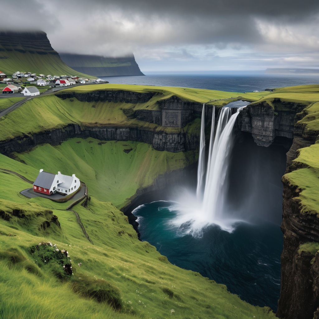 the Faroe Islands featuring the dramatic Múlafossur Waterfall. Capture the waterfall plunging into the ocean, with the picturesque village of Gásadalur in the background. Include the rugged cliffs, lush green landscape, and a cloudy sky to highlight the natural beauty and unique scenery of this location.