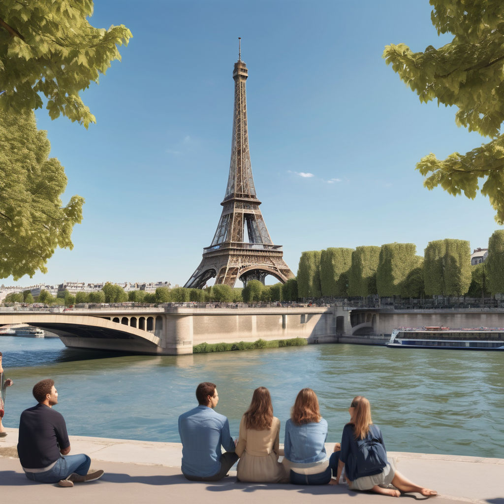 France featuring the Eiffel Tower. The image should show the iconic tower standing tall against a clear blue sky, with the Seine River and Parisian architecture in the background. Include a few people walking and sitting in the nearby park to capture the lively atmosphere.