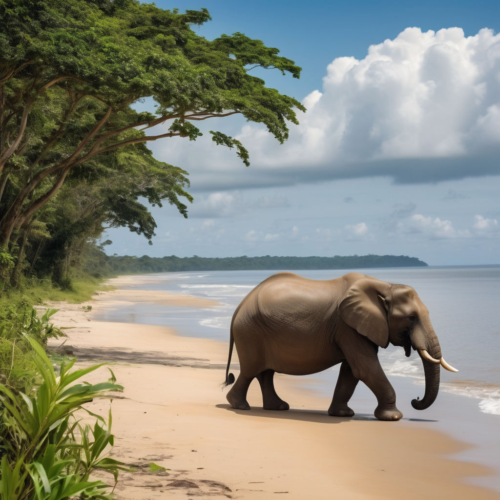 Gabon featuring the lush landscapes of Loango National Park. Capture the pristine beach with golden sands meeting the Atlantic Ocean, dense tropical rainforests, and a variety of wildlife such as elephants or hippos near the shoreline. Include a clear blue sky to highlight the natural beauty and biodiversity of this iconic park.