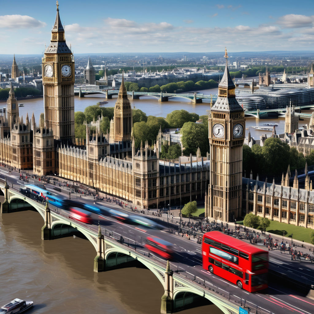 the United Kingdom featuring Big Ben and the Houses of Parliament. The image should show the iconic clock tower and the historic parliamentary buildings along the River Thames, with a clear blue sky and the Westminster Bridge in the foreground. Include some red double-decker buses and people walking to capture the bustling atmosphere.