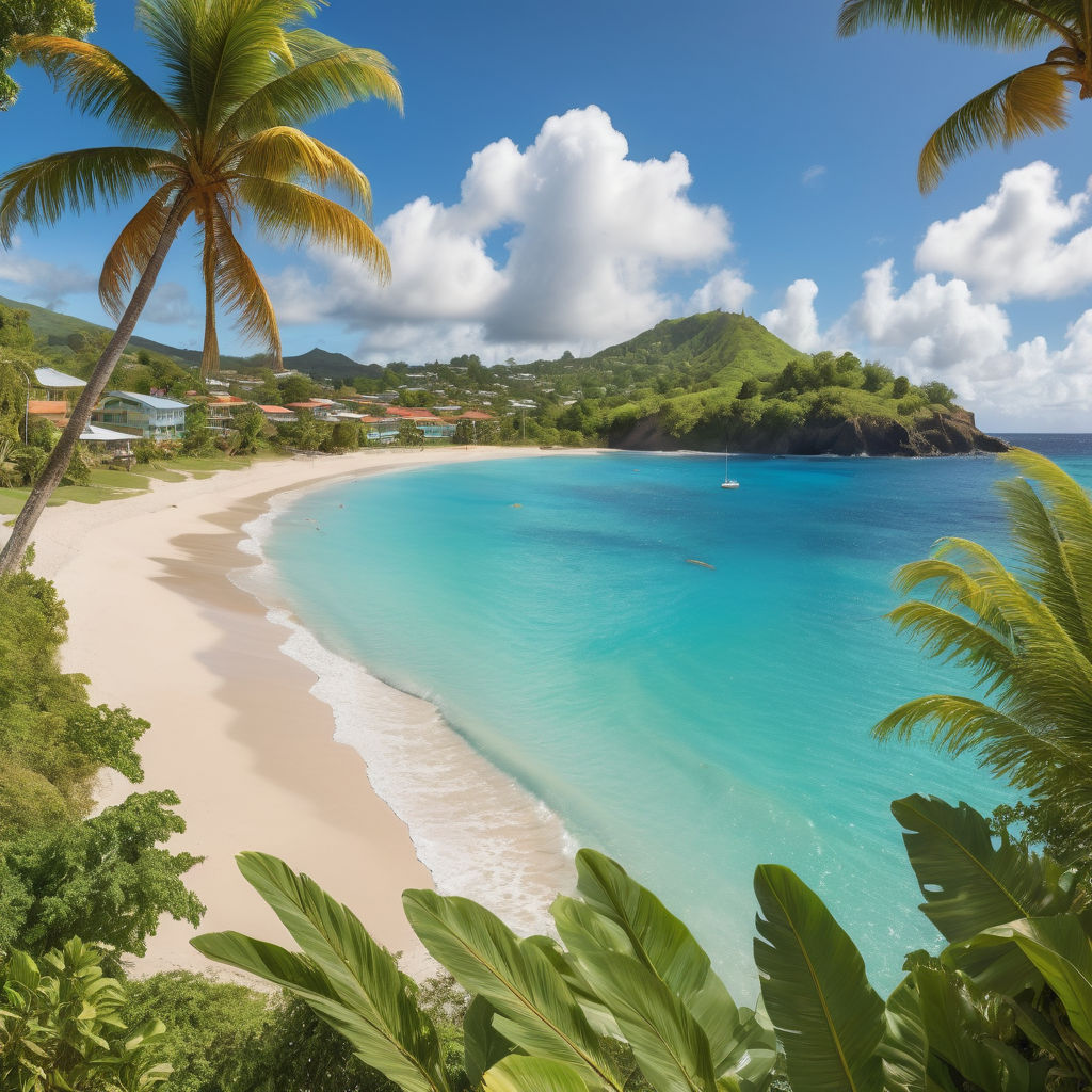 Grenada featuring the stunning Grand Anse Beach. Capture the pristine white sandy beach, crystal-clear turquoise waters, and lush green hills in the background. Include a few beachgoers and some palm trees to highlight the tropical paradise and natural beauty of this location.