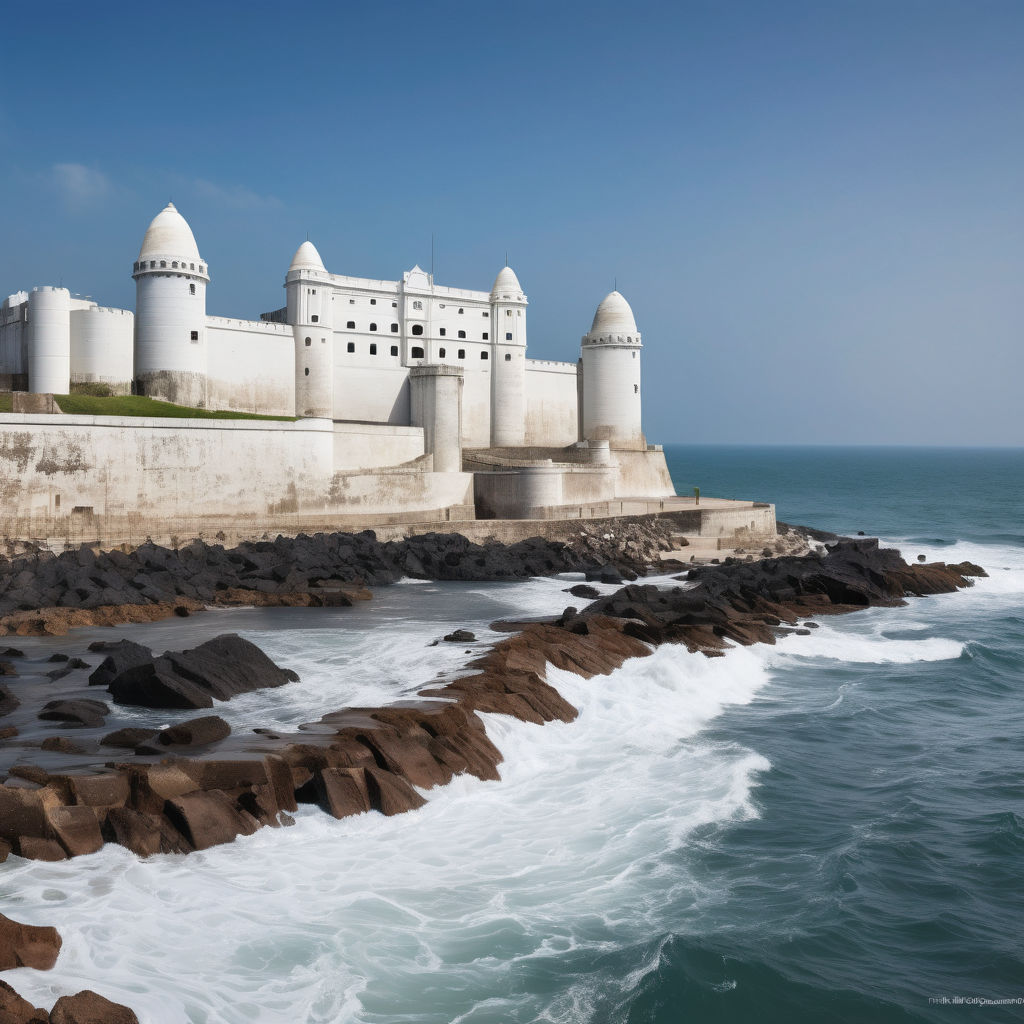 Ghana featuring Cape Coast Castle. The image should show the historic white-washed castle overlooking the Atlantic Ocean, with its cannons and courtyard. Include the rocky shoreline and a clear blue sky to capture the historical and cultural significance of this landmark.