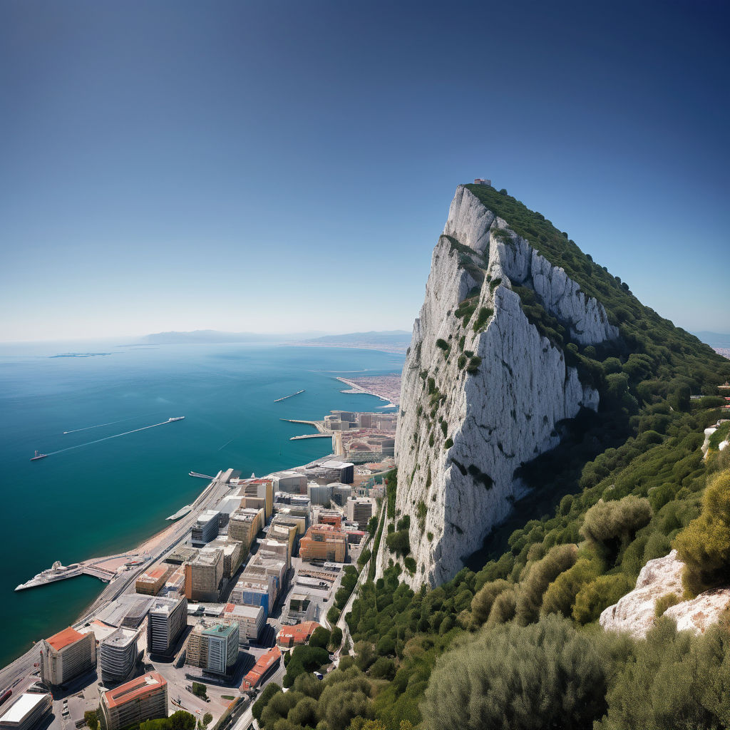 Gibraltar featuring the iconic Rock of Gibraltar. Capture the massive limestone ridge rising above the city, with its steep cliffs and lush green areas. Include some of the surrounding cityscape and a clear blue sky to highlight the natural beauty and significance of this landmark.