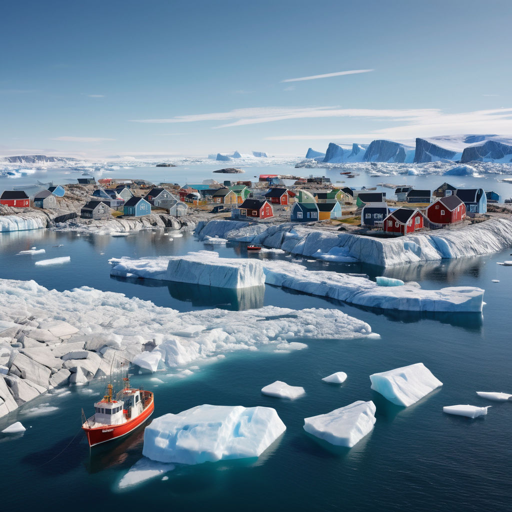 Greenland featuring the stunning Ilulissat Icefjord. Capture the massive icebergs floating in the serene waters, with the rugged coastline and colorful houses of Ilulissat in the background. Include the clear blue sky to highlight the natural beauty and unique Arctic scenery of this landmark.