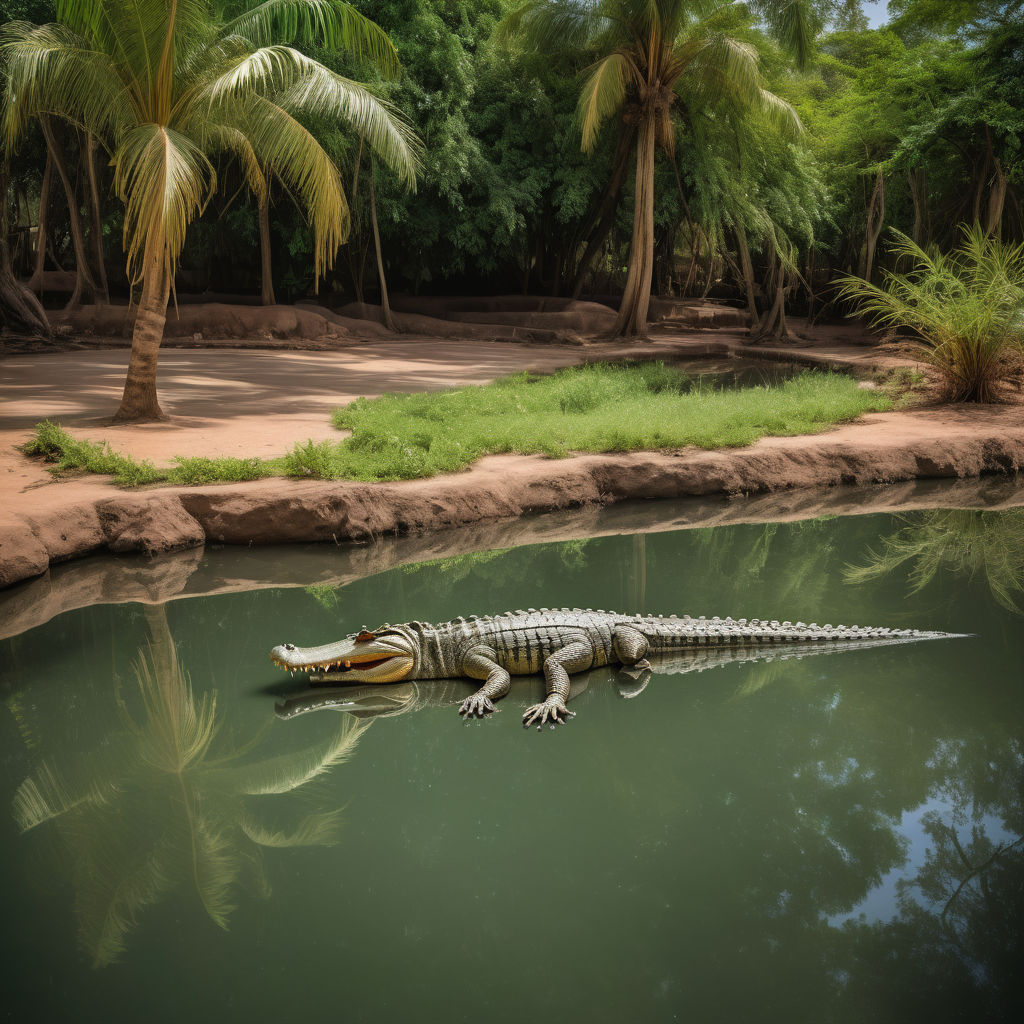 Gambia featuring the Kachikally Crocodile Pool. Capture the lush surroundings with green vegetation and the serene waters of the pool. Include a few crocodiles basking on the banks and some local visitors to highlight the cultural and natural significance of this landmark.