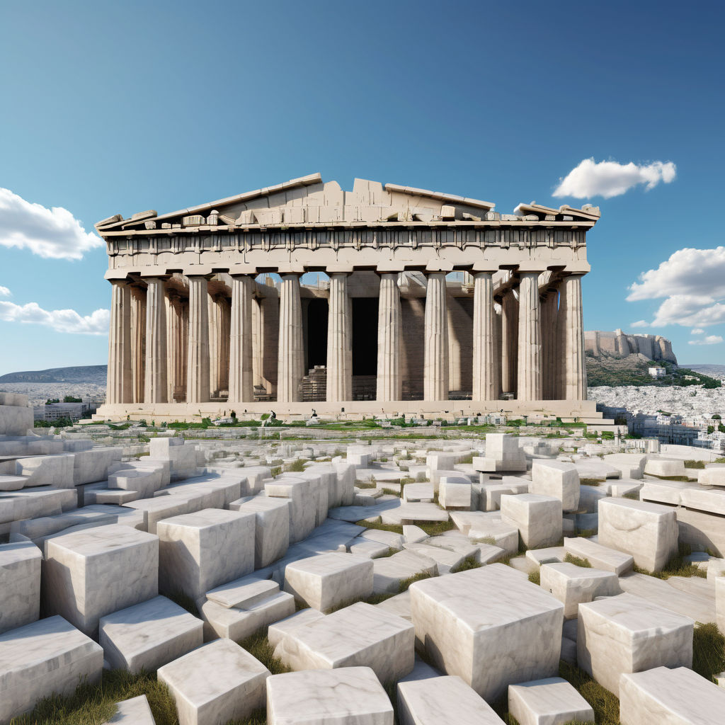 Greece featuring the Parthenon in Athens. The image should show the ancient temple with its classic Doric columns and marble facade, set against a clear blue sky. Include the Acropolis Hill and surrounding cityscape to capture the historical and cultural significance of this landmark.