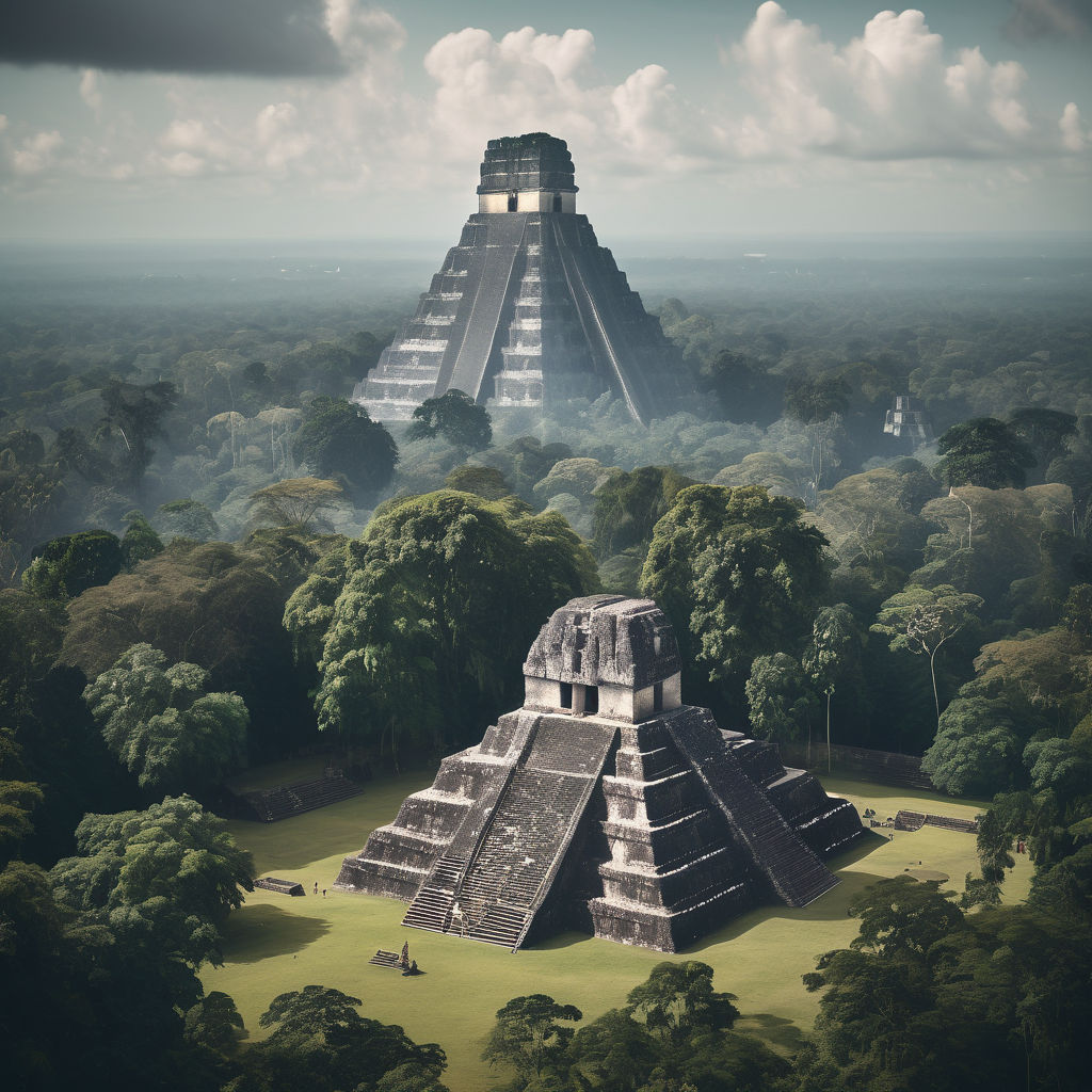 Guatemala showcasing the stunning ancient Mayan ruins of Tikal. Focus on the iconic Temple I (Temple of the Great Jaguar) with its towering structure and surrounding jungle. Capture the lush green rainforest and misty atmosphere to convey the majestic and historical significance of the site.