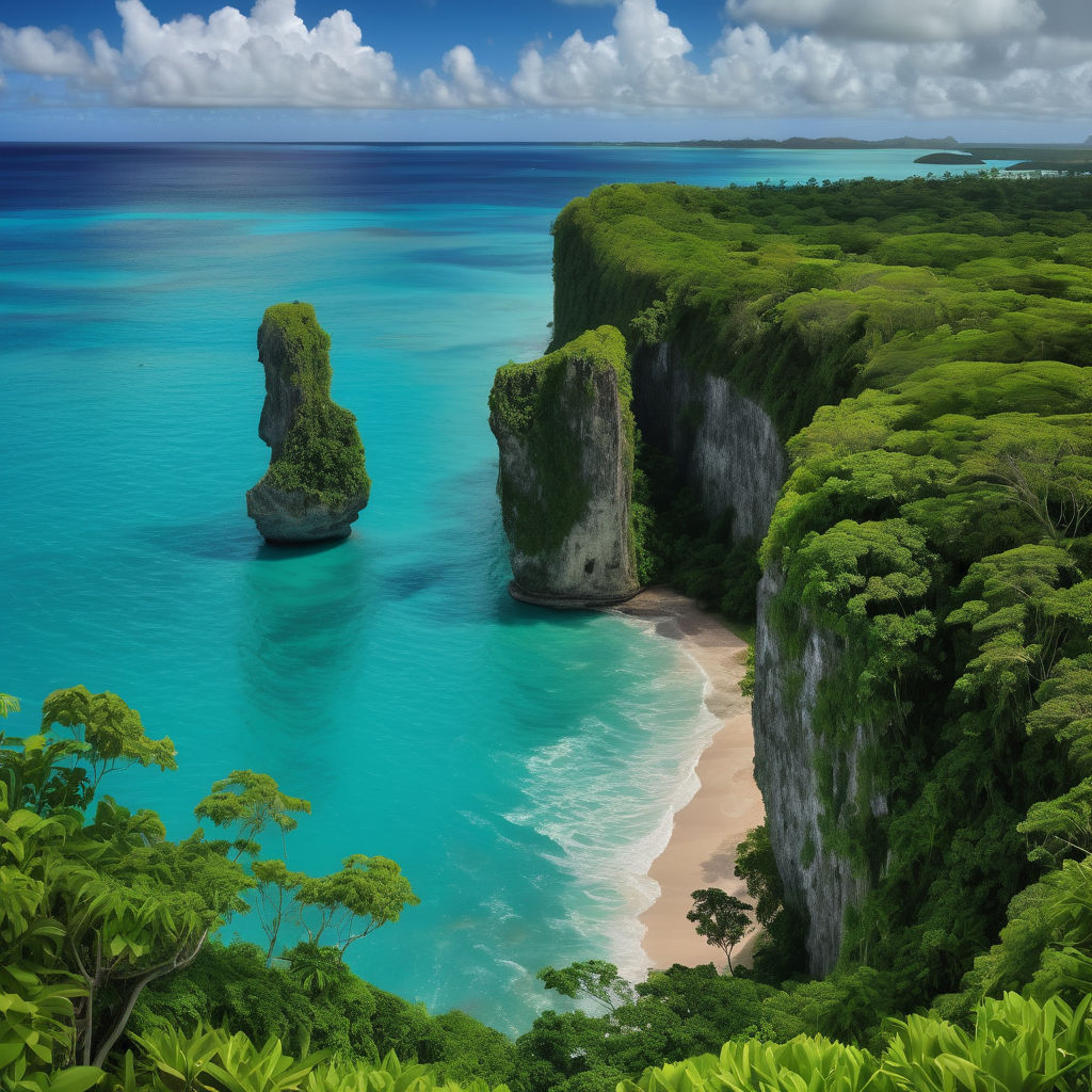 Guam featuring the Two Lovers Point. Capture the dramatic cliffside view overlooking the turquoise waters of Tumon Bay. Include the lush green vegetation on the cliff and the iconic lookout platform with a few visitors to highlight the scenic beauty and romantic significance of this landmark.