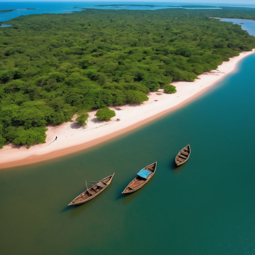 Guinea-Bissau featuring the stunning Bijagós Archipelago. Capture the pristine beaches with white sand, turquoise waters, and lush mangrove forests. Include traditional fishing boats and a clear blue sky to highlight the natural beauty and serene atmosphere of this unique location.