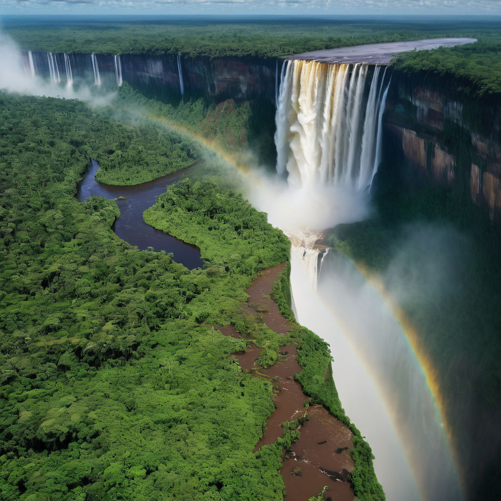 Guyana featuring the majestic Kaieteur Falls. Capture the powerful waterfall plunging into the lush green rainforest below, with mist rising from the base. Include the surrounding tropical vegetation and a clear blue sky to highlight the natural beauty and grandeur of this iconic landmark.