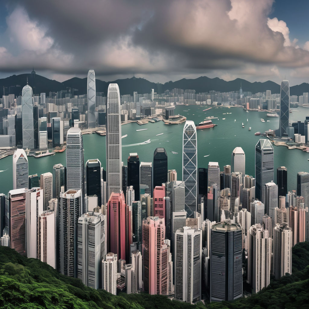 Hong Kong featuring the iconic skyline with Victoria Harbour. Include the towering skyscrapers, such as the International Commerce Centre and the Bank of China Tower, with the bustling harbor and vibrant cityscape in the background. Show the stunning view from a vantage point like Victoria Peak during the day.