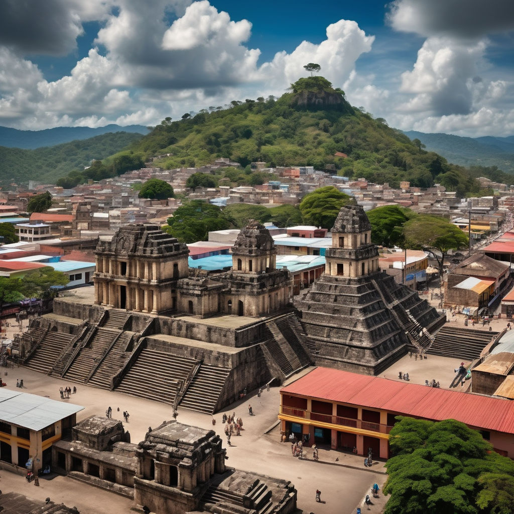 Honduras, featuring a prominent landmark or scene. Include elements that clearly identify the location as Honduras, such as the ancient Mayan ruins of Copán with its intricate stone carvings or a vibrant street in Tegucigalpa with colorful buildings and local vendors. Ensure the architecture, cultural details, and atmosphere reflect the authentic essence of Honduras.