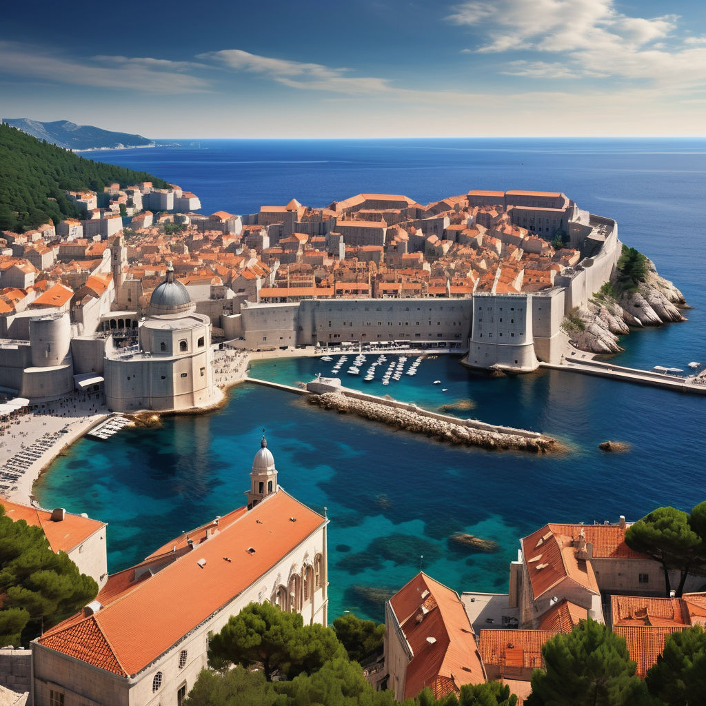 Croatia featuring the Dubrovnik cityscape. Show the iconic Old Town of Dubrovnik with its well-preserved medieval walls, terracotta rooftops, and the clear blue Adriatic Sea in the background. The image should capture the historic charm of the city with its distinctive architecture and coastal setting.