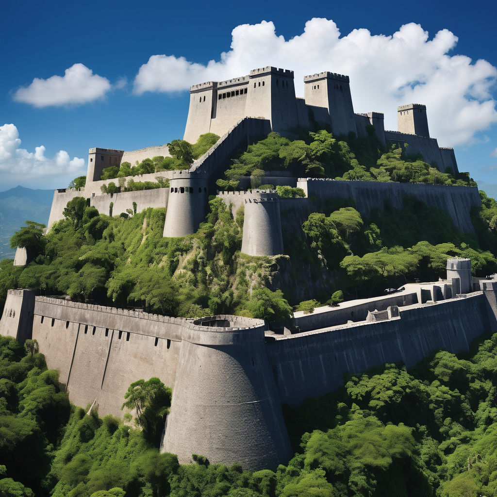 Haiti featuring the Citadelle Laferrière. Capture the massive stone fortress perched atop a mountain with its impressive walls and cannons, set against a clear blue sky. Include the surrounding lush green landscape and some clouds to highlight the historical and architectural significance of this landmark.