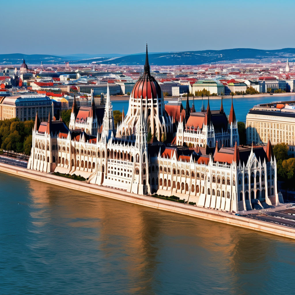 Hungary featuring the Parliament Building in Budapest. The image should show the majestic neo-Gothic architecture of the building situated along the Danube River, with its iconic dome and spires. Include the riverfront and a clear blue sky to capture the grandeur and architectural significance of this landmark.