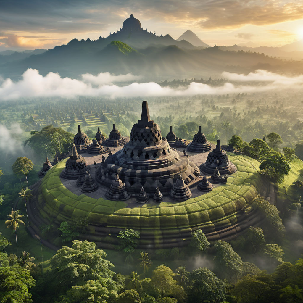 Indonesia featuring the Borobudur Temple. The image should show the iconic Buddhist temple with its intricate stone carvings and stupas, set against a backdrop of lush green hills and a sunrise sky. Include some mist rising from the ground to capture the serene and mystical atmosphere of the landmark.