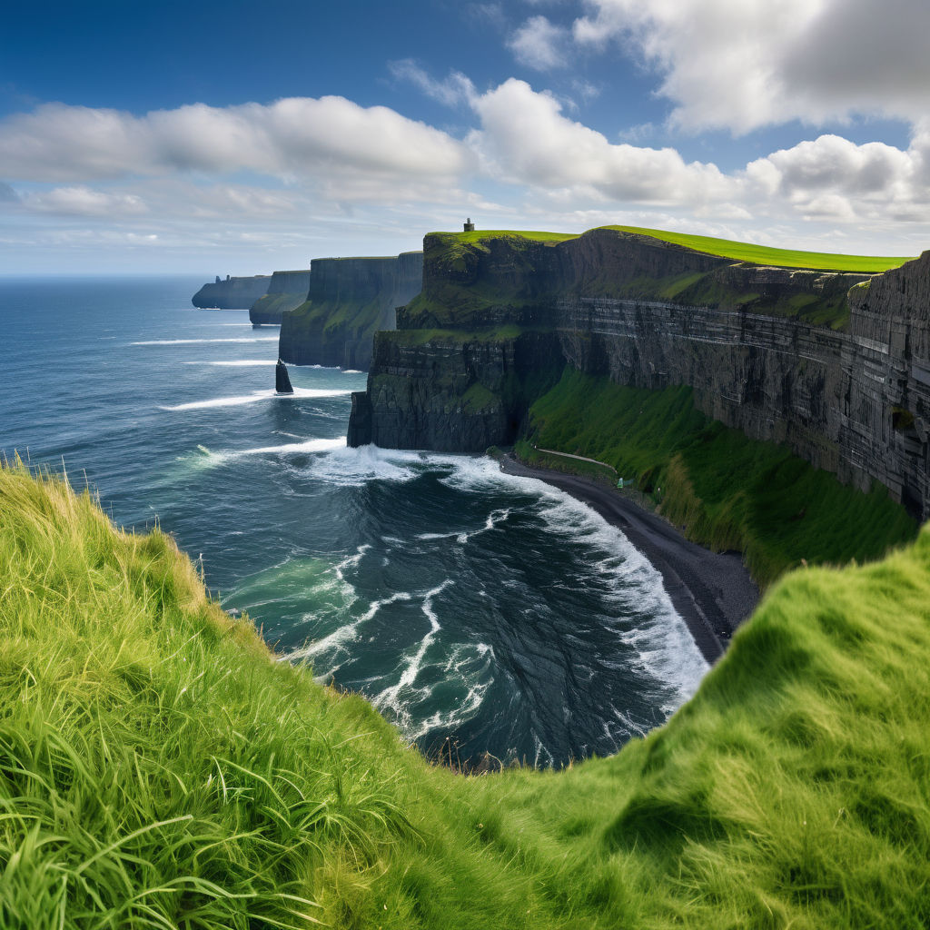 Ireland featuring the Cliffs of Moher. Show the dramatic cliffs rising high above the Atlantic Ocean, with lush green grass on top and waves crashing below. Include a clear blue sky and a few visitors standing near the edge to capture the natural beauty and iconic scenery of this landmark.