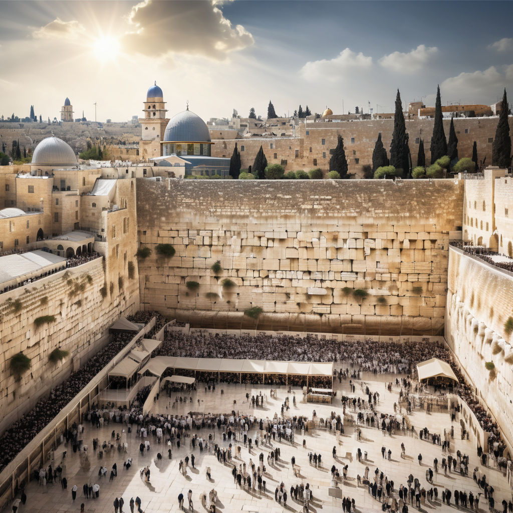 Israel showcasing the Western Wall in Jerusalem. Capture the ancient stone wall with worshippers placing prayer notes in the crevices, and the surrounding plaza with historical buildings and people. Highlight the religious and historical significance of this iconic landmark.