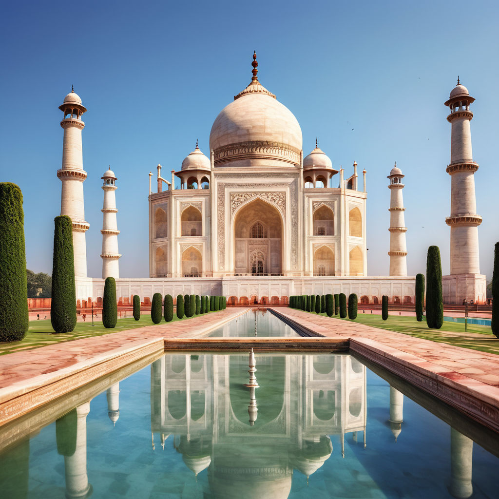 India featuring the Taj Mahal. The image should show the majestic white marble mausoleum with its iconic dome and minarets, reflecting in the surrounding pool, with a clear blue sky and lush gardens in the foreground. Include a few tourists admiring the view to capture the monument's grandeur and cultural significance.