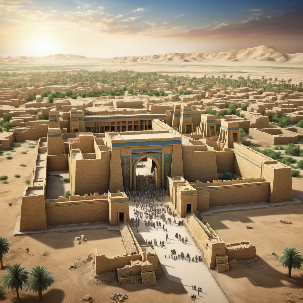 Iraq featuring the ancient ruins of Babylon. The image should show the remnants of the ancient city with its impressive walls and columns, set against a desert landscape. Include the iconic Ishtar Gate and a clear sky to capture the historical and archaeological significance of this landmark.