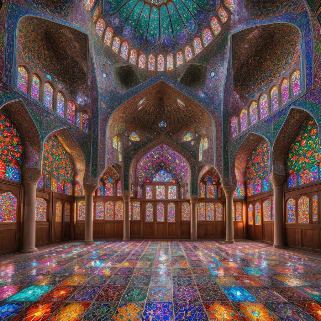 Iran featuring the Nasir al-Mulk Mosque. The image should show the stunning interior with its vibrant stained glass windows casting colorful patterns on the floor and walls. Include the intricate tile work and arched ceilings to capture the architectural beauty and cultural significance of this landmark.