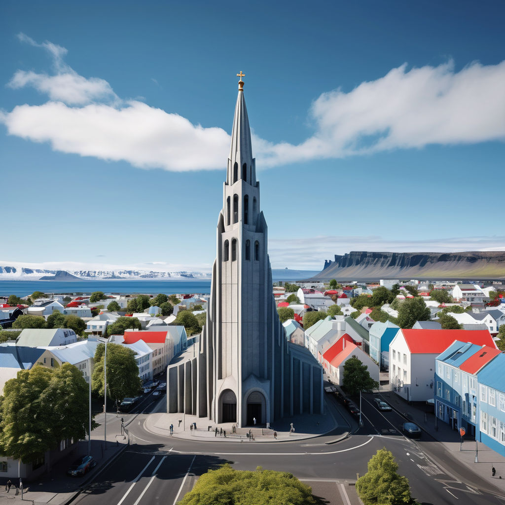 Iceland featuring the iconic Hallgrímskirkja church in Reykjavik. Capture the distinctive, soaring concrete facade of the church set against a clear blue sky. Include the surrounding cityscape and a few people to highlight the architectural and cultural significance of this landmark.