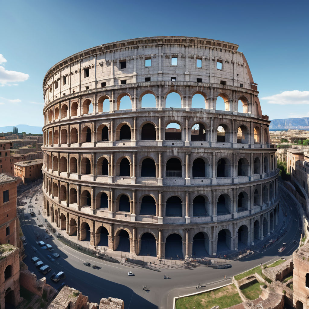 Italy featuring the Colosseum. The image should show the ancient amphitheater with its iconic arches and partially ruined structure, set against a clear blue sky. Include some tourists and the surrounding cityscape to capture the historical and cultural significance of this landmark.