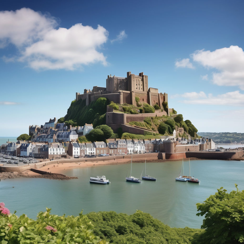 Jersey featuring the iconic Mont Orgueil Castle. Capture the medieval stone castle perched on a hill overlooking the picturesque harbor of Gorey. Include the surrounding lush green landscape, the harbor with boats, and a clear blue sky to highlight the historical significance and scenic beauty of this landmark.