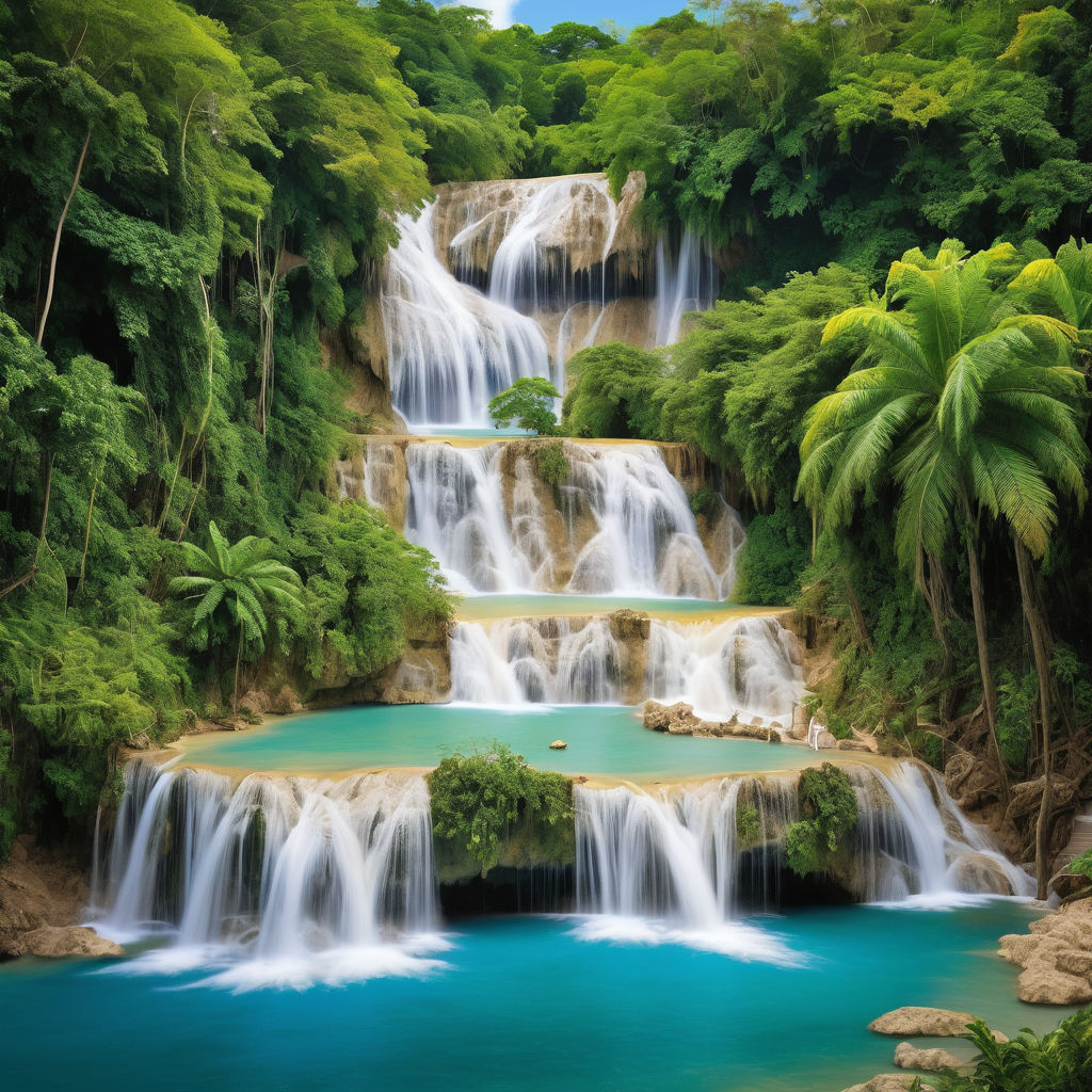 Jamaica featuring Dunn's River Falls. Capture the cascading waterfalls flowing over the natural limestone terraces, surrounded by lush tropical greenery. Include visitors climbing the falls and a clear blue sky to highlight the natural beauty and vibrant atmosphere of this iconic landmark.