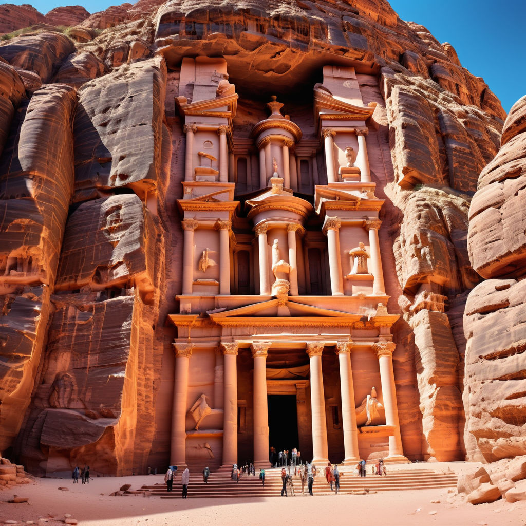 Jordan featuring the ancient city of Petra. Showcase the iconic Al-Khazneh (Treasury) carved into the rose-red sandstone cliff, with its grand façade and intricate details. Include the narrow Siq entrance leading to the Treasury and the surrounding desert landscape, under a clear blue sky.