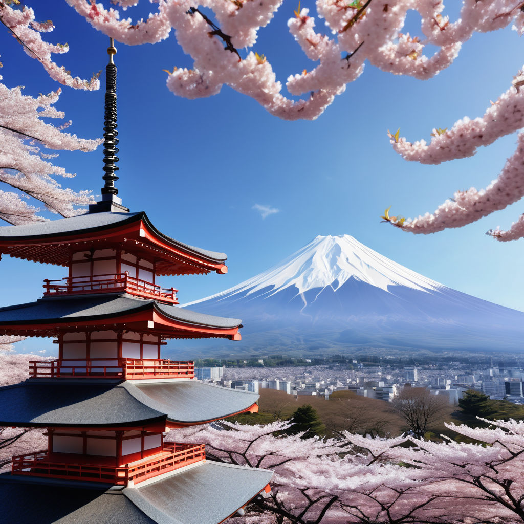 Japan featuring Mount Fuji. The image should show the iconic snow-capped peak of Mount Fuji towering over a serene landscape with cherry blossoms in full bloom in the foreground and a traditional Japanese pagoda nearby, all under a clear blue sky.