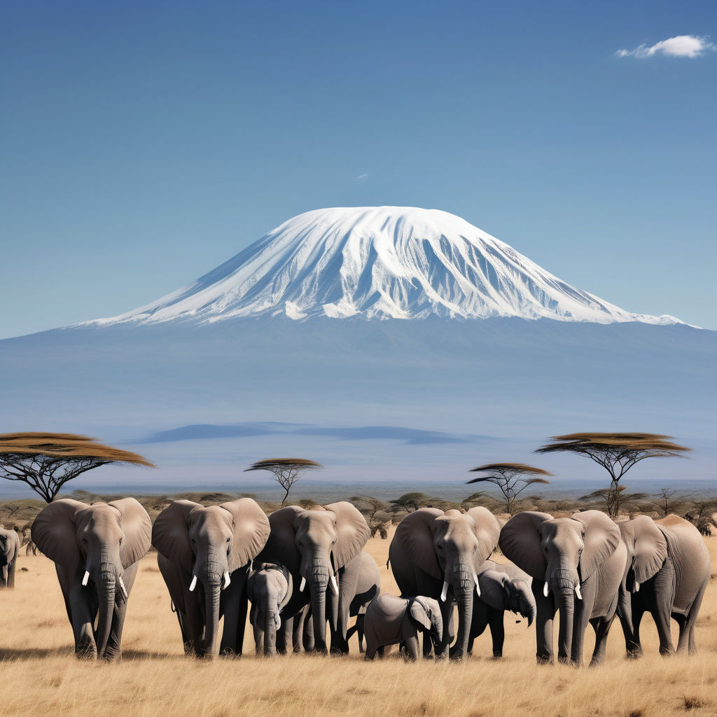 Kenya featuring Mount Kilimanjaro with elephants in the foreground. The image should show the majestic mountain with its snow-capped peak, set against a clear blue sky. Include a herd of elephants walking through the savannah to capture the natural beauty and wildlife significance of this landmark.