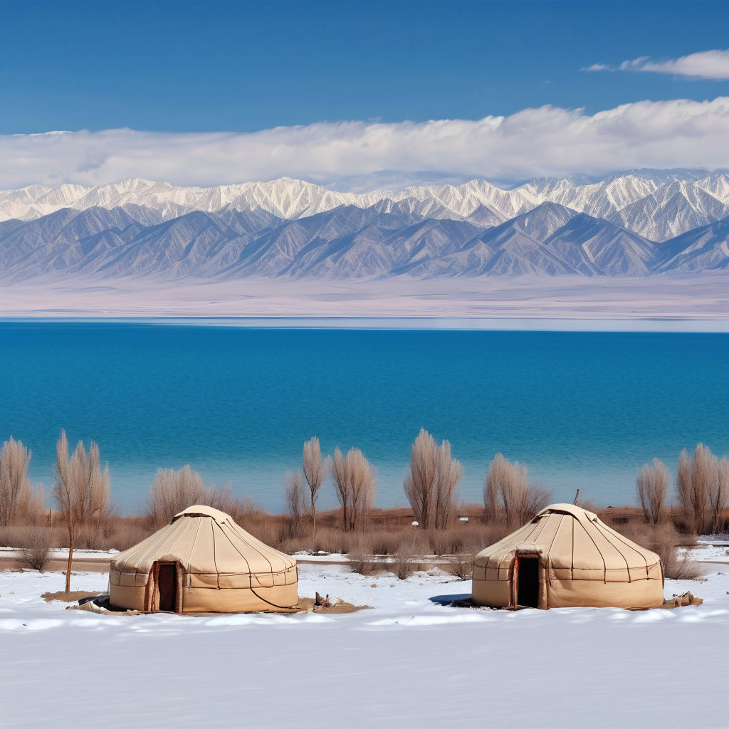 Kyrgyzstan showcasing the stunning view of the Issyk-Kul Lake. Highlight the crystal-clear blue waters surrounded by the snow-capped peaks of the Tien Shan mountains. Include elements like the tranquil shoreline, traditional yurt dwellings, and a clear, bright sky. Capture the serene and breathtaking natural beauty of this major landmark.