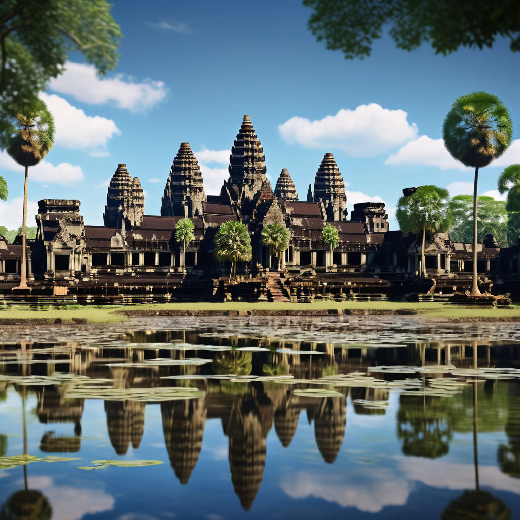 Cambodia featuring Angkor Wat. Show the iconic temple complex with its grand towers and intricate carvings, surrounded by a lush green jungle. Include the reflection of the temple in the nearby water and a clear blue sky to capture the historical and cultural significance of this landmark.