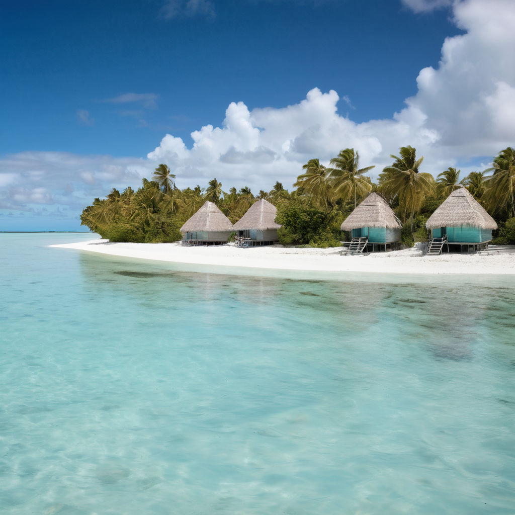 Kiribati featuring the stunning South Tarawa lagoon. Capture the crystal-clear turquoise waters, white sandy beaches, and traditional thatched-roof huts. Include some palm trees and a clear blue sky to highlight the natural beauty and serene atmosphere of this island location.