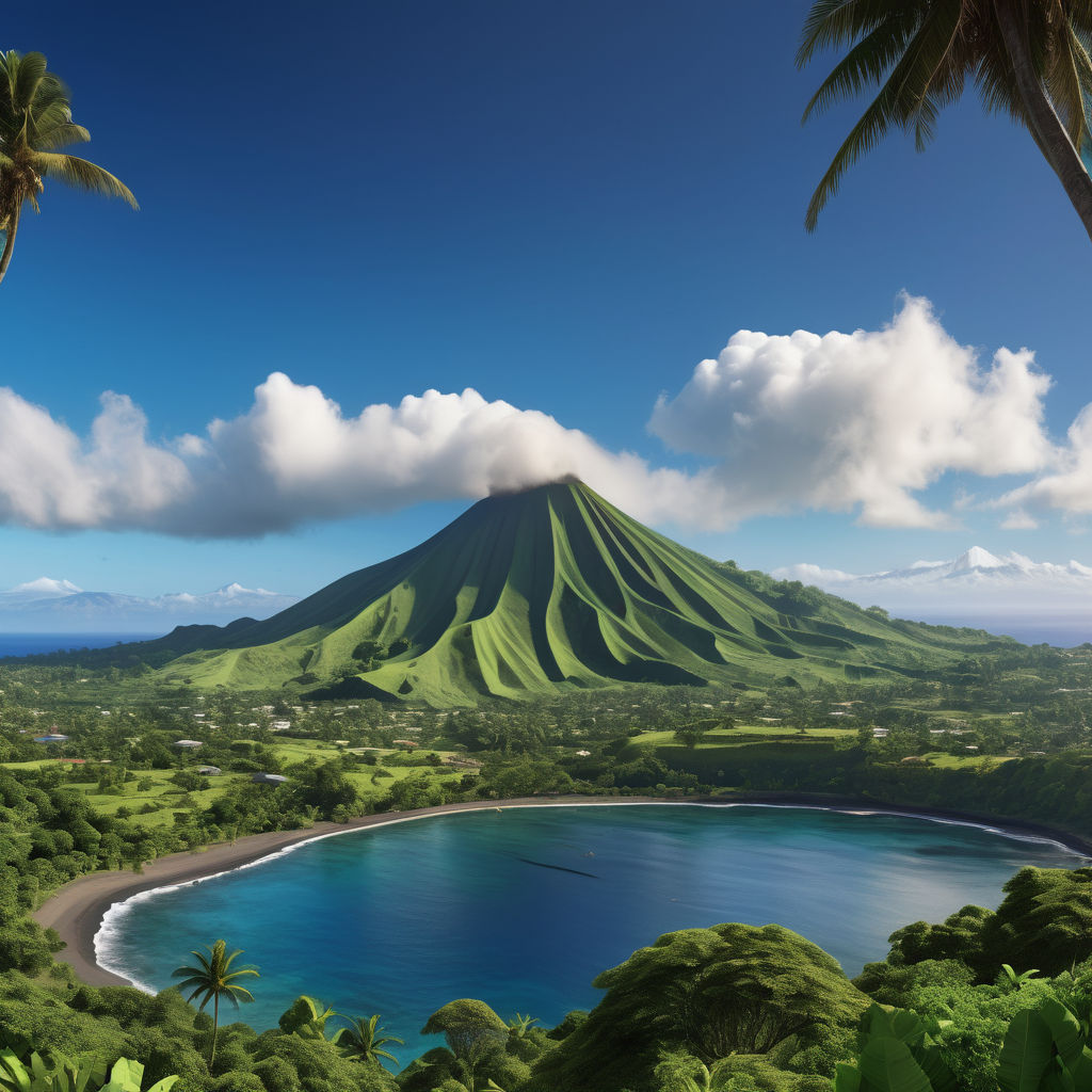 Comoros featuring the stunning Mount Karthala. Capture the volcanic peak with its lush green slopes and the surrounding tropical landscape. Include the clear blue sky and some scattered clouds to highlight the natural beauty and dramatic scenery of this landmark.