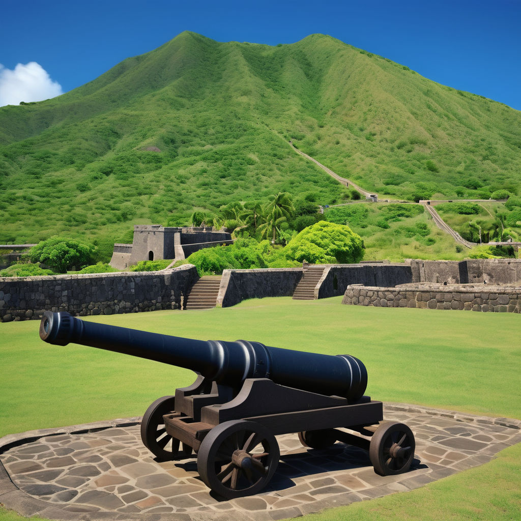 Saint Kitts and Nevis featuring the iconic Brimstone Hill Fortress. Capture the historic stone fortress with its cannons, set against the backdrop of lush green hills and the Caribbean Sea. Include a clear blue sky to highlight the historical significance and natural beauty of this landmark.