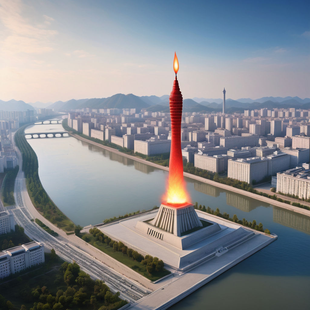 North Korea featuring the iconic Juche Tower in Pyongyang. Capture the tall stone tower with its red torch at the top, set against the backdrop of the Taedong River. Include the surrounding cityscape with notable buildings and a clear blue sky to highlight the architectural and cultural significance of this landmark.