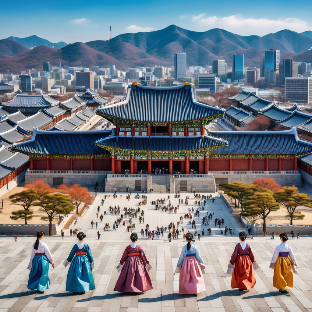 South Korea featuring Gyeongbokgung Palace. The image should show the grand traditional palace with its ornate architecture and colorful details, set against a backdrop of modern Seoul skyscrapers. Include a clear blue sky and a few people wearing hanbok to capture the cultural and historical significance.