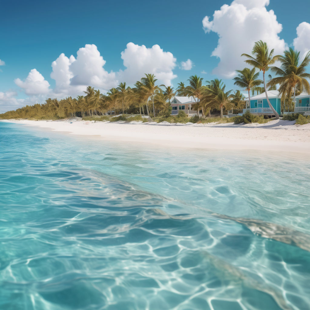 the Cayman Islands featuring the stunning Seven Mile Beach. Capture the pristine white sandy beach, crystal-clear turquoise waters, and swaying palm trees. Include a few beachgoers and a clear blue sky to highlight the tropical paradise and natural beauty of this iconic location.