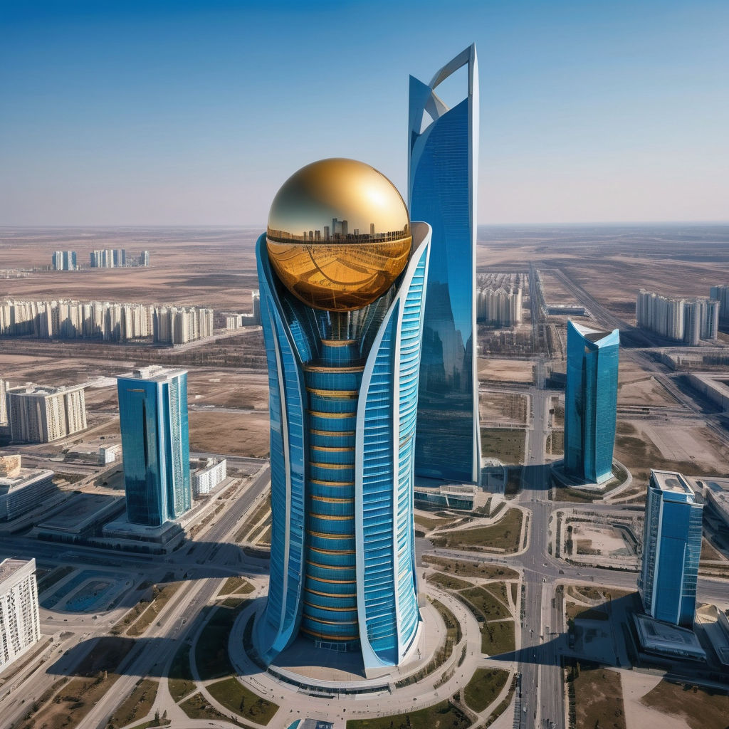 Kazakhstan featuring the Bayterek Tower in Nur-Sultan (Astana). The image should show the tall, futuristic tower with its distinctive golden sphere at the top, set against a clear blue sky. Include the surrounding modern buildings to capture the urban and architectural significance of this landmark.