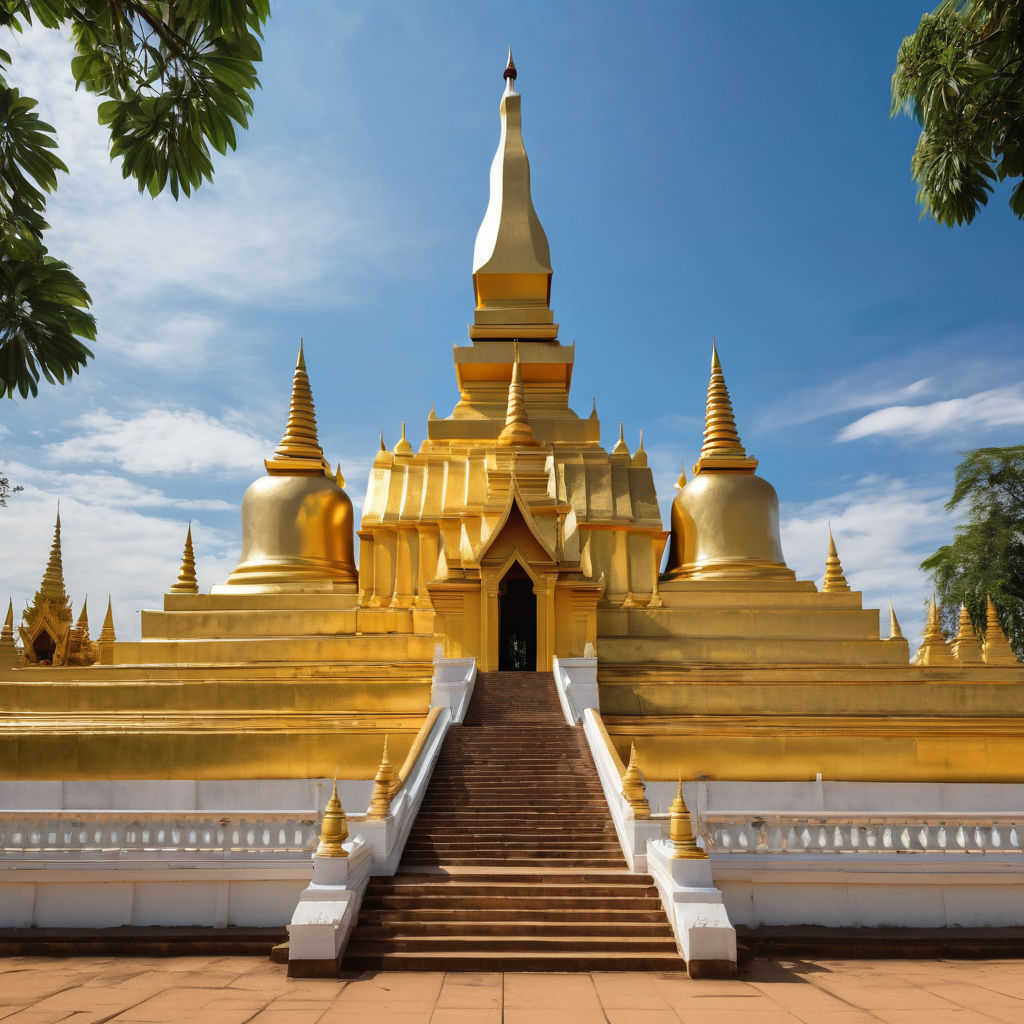 Laos featuring the Pha That Luang in Vientiane. Capture the grand, gold-covered stupa with its tiered structure and intricate details, set against a clear blue sky. Include the surrounding gardens and a few visitors to highlight the cultural and historical significance of this landmark.