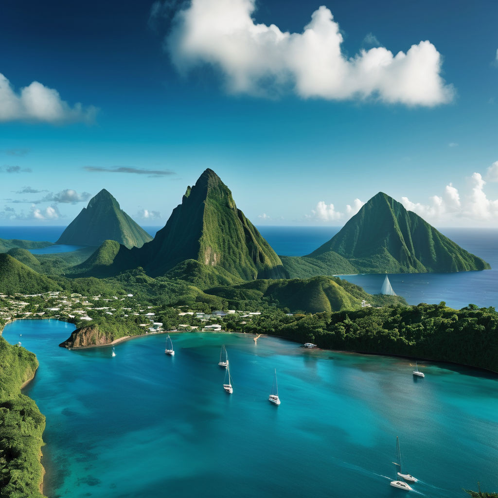 Saint Lucia featuring the iconic Pitons. Capture the twin volcanic peaks rising sharply from the lush green landscape, set against a clear blue sky. Include the turquoise waters of the Caribbean Sea in the foreground to highlight the natural beauty and dramatic scenery of this landmark.