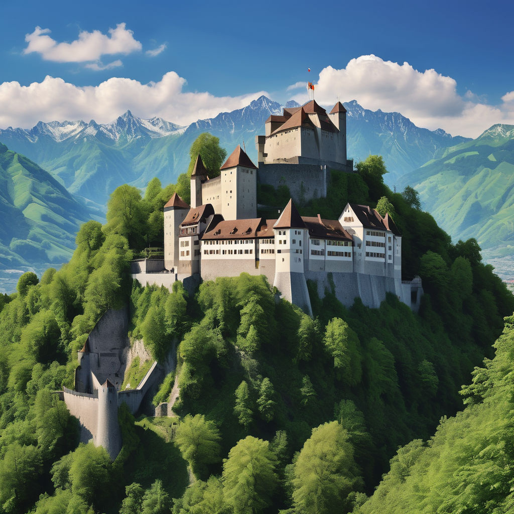 Liechtenstein featuring the iconic Vaduz Castle. Capture the medieval castle perched on a hilltop overlooking the town of Vaduz, with the surrounding lush green mountains. Include a clear blue sky to highlight the historical significance and scenic beauty of this landmark.